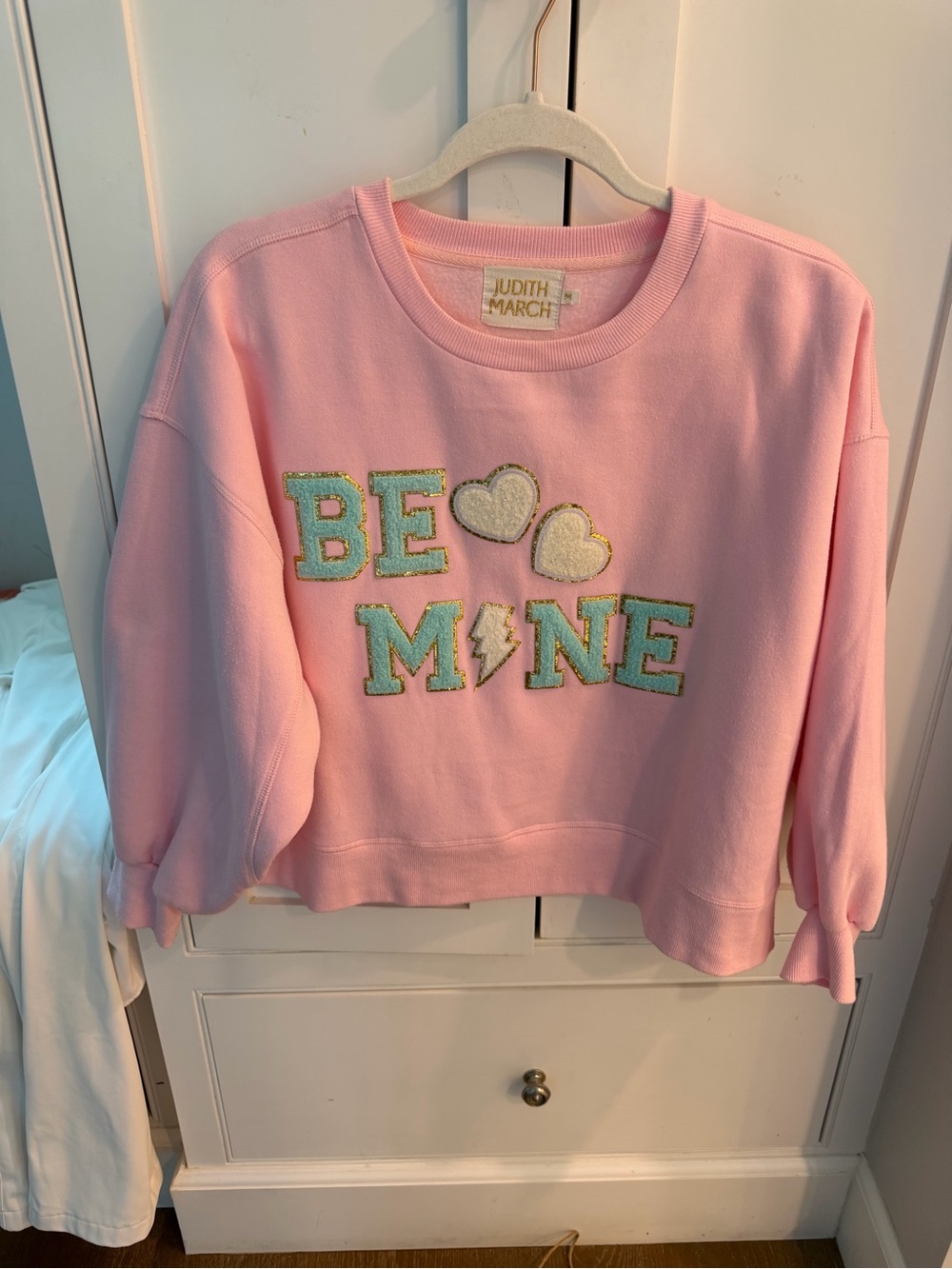 Judith March Pink Pullover with Gold Lettering and Mint Accents